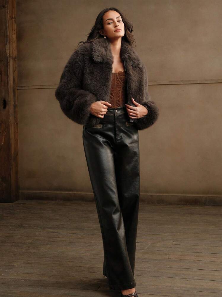 Anewsta Casual Zipper Fluffy Collar Jacket | SHEIN USA