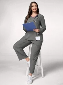 TaskEZ Set de uniforme pentru femei, cu decolteu în V, cu mâneci lungi, cu buzunare, cu top și pantaloni - Gri - Vizualizare 7