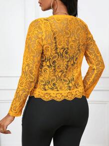 SHEIN Lady Chaqueta elegante y casual de encaje con ribete de volantes para ir al trabajo, otoño - Amarillo - Ver 2