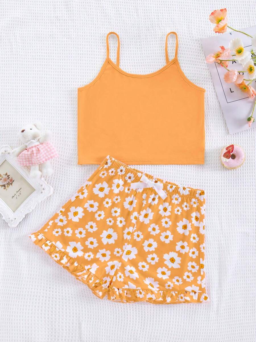 SHEIN Bộ đồ ngủ thường ngày in họa tiết hoa và áo hai dây thanh lịch tối giản cho bé gái tuổi mới lớn, 2 món/bộ (Trang phục đôi cho mẹ và bé được bán riêng) - Màu Cam cháy - Xem 1