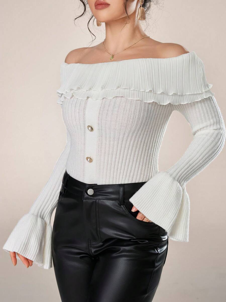 Modelyn Maglione elegante con maniche a sbuffo monospalla e tinta unita, per autunno/inverno