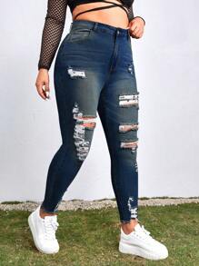 SHEIN Essnce Old Money 大码女式弹力时尚破洞牛仔紧身裤