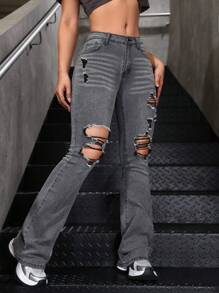 SHEIN EZwear Quần Jeans Ống Loe Phong Cách Đường Phố Thường Ngày Cho Nữ - Xám - Xem 4