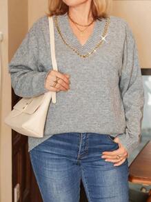 SHEIN 大码女式金属链 V 领落肩长袖休闲套头毛衣，秋冬 - 灰色 - 查看 3