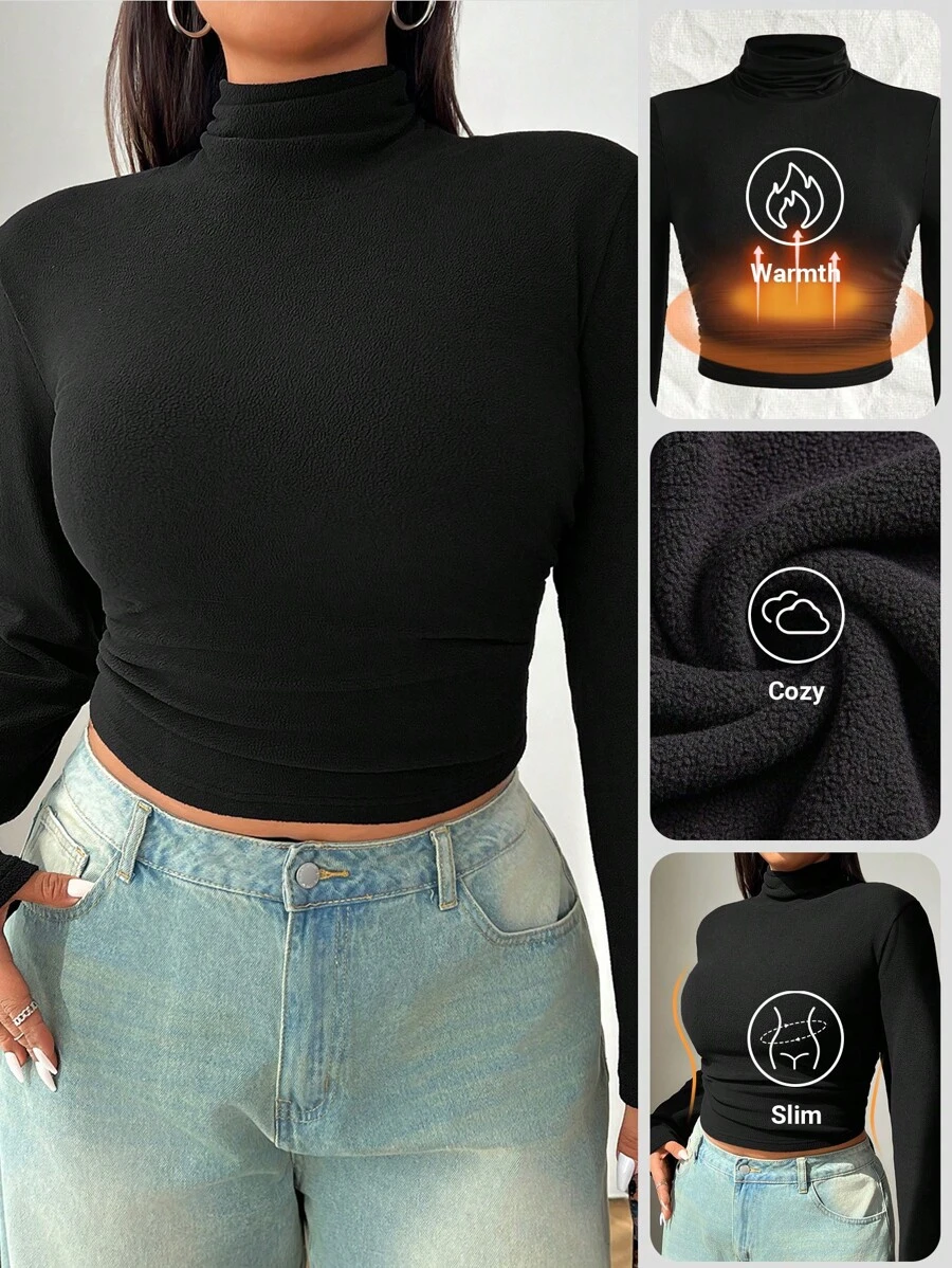 SHEIN EZwear Áo cổ lọ lót nhiệt cơ bản tay dài màu đen cạp chun cỡ lớn cho nữ, mùa đông - màu đen - Xem 1