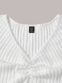 Flirla 2pcs/Set Plus Size Ribbed V-Neck Black & White T-Shirts, Autumn & Winter - Black and White - View 4