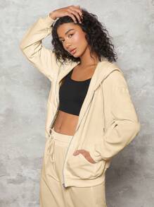 SHEIN BASICS 运动舒适羊毛落肩拉链连帽运动衫 - 米色 - 查看 3