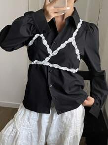 DAZY Camisa de manga larga con bloques de color para mujer