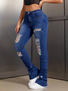 SHEIN SXY Dames gescheurde geplooide slim fit casual jeans