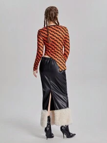 SHEIN 2 Stücke/Set grafikbedrucktes figurbetontes V-Ausschnitt Top kombiniert mit Kunstleder & flauschigem Patchwork Rock für Teenager Mädchen, Herbst/Winter