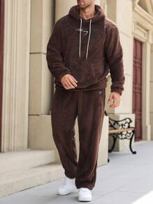 Manfinity Homme 2pcs Casual Men Plus Size Letter Embroidered Kangaroo Pocket Hooded Teddy Sweatshirt And Pants Set - Brown - View 1