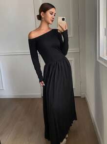 DAZY Solid Color Bodycon Long Sleeve Asymmetrical Shoulder Dress For Women,Fall Clothes - Black - View 4