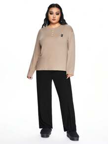 ROMWE Kawaii Plus Size Knit Ribbed Casual Lounge Pants & Long Sleeve Pajama Set - Multicolor - View 6