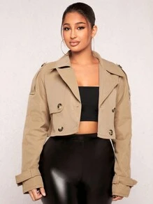 SHEIN SXY Plus Size Women's Double-Breasted Windproof Short Coat With Button Decorations - Khaki - View 7