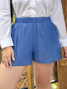 SHEIN LUNE 大码休闲松紧腰拼布口袋短裤，夏季 - 藍色 - 查看 4