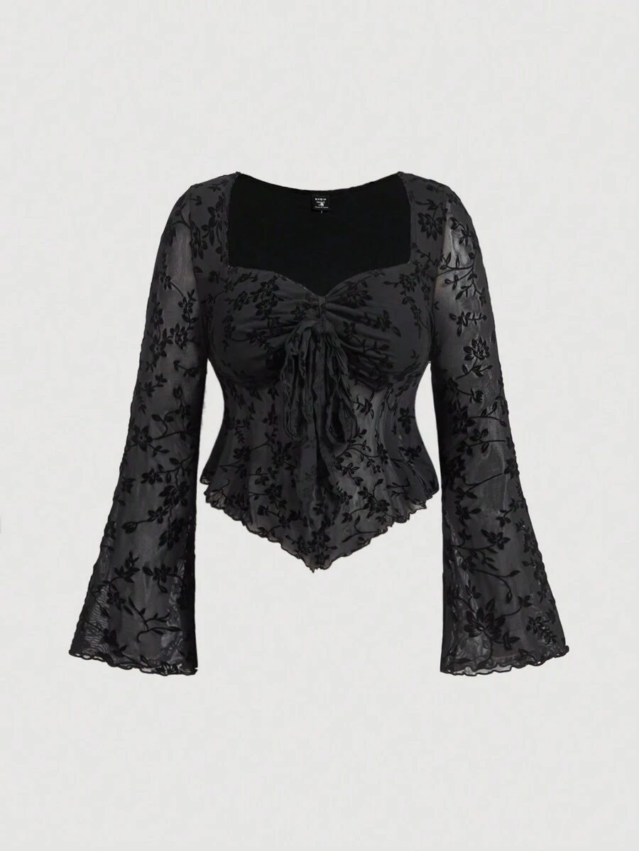 SHEIN MOD 大码黑色复古褶饰胸围植绒网眼印花衬衫，适合冬季