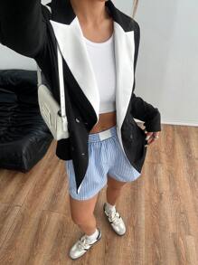 Flirla 拼色翻领长款修身女士西装外套 - 黑與白 - 查看 4