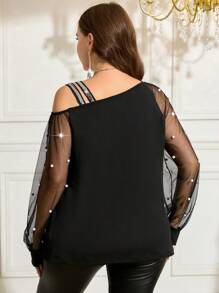 SHEIN Clasi Plus Size Women Spring Fall Asymmetric Collar Faux Pearl Decor Mesh Elegant T-Shirt - Black - View 2