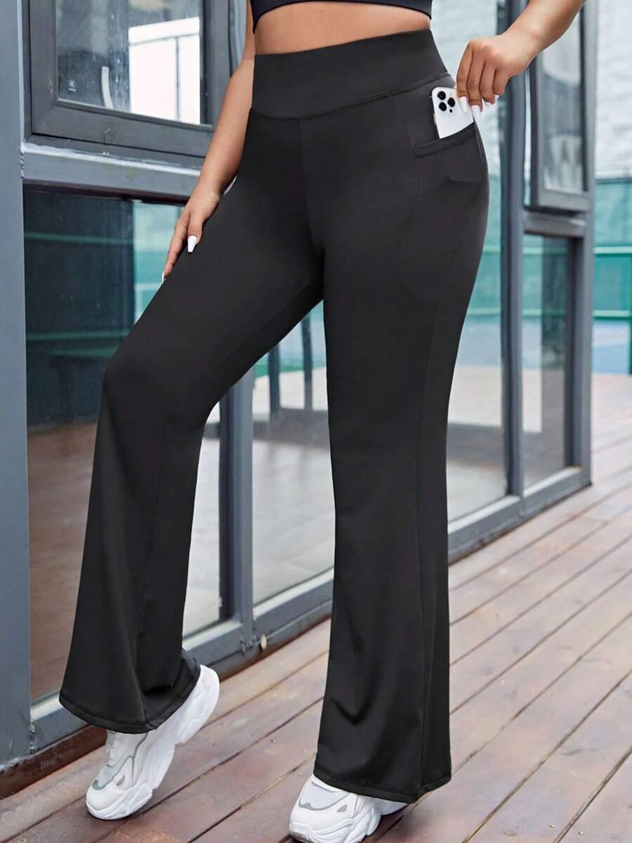 SHEIN Tween 女童纯色修身喇叭针织休闲裤 - 黑色 - 查看 1