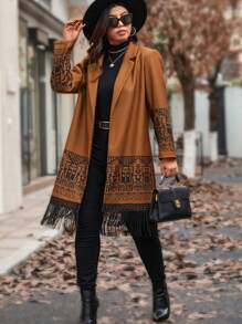 SHEIN LUNE Plus Size Women Geometric Pattern Lapel Collar Fringe Hem Overcoat, Fall Clothes, For Winter Autumn - Brown - View 3