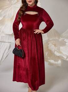 Modelyn Burgundy Red Plus Size Wine Red Velvet Cut Out Rhinestone Fringe Decor Midi Dress, Fall/Winter - Burgundy - View 5