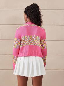 SHEIN Cárdigan de chifón con diseño de patchwork rosa recortado con un diseño de moda y vibrante para adolescentes. Los tonos rosas son suaves y dulces, complementando el diseño de patchwork de chifón para mostrar un encanto único. El estilo recortado es versátil - Rosa - Ver 2