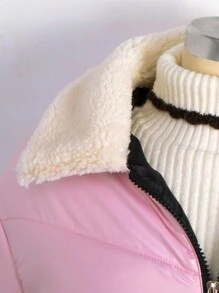 Tween 女童毛领闪亮防水防风中长款夹棉外套 - 白色和粉色