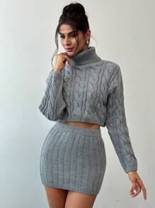 Firerie Bộ 2 áo len dài tay cổ cao trơn màu và chân váy dệt kim thường ngày cho nữ, thu đông - Xám - Xem 5