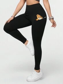 SHEIN Essnce 可爱熊印花紧身裤，黑色紧身裤，女士休闲运动针织紧身裤，长款 - 黑色 - 查看 3