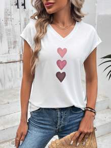 EMERY ROSE Simple & Casual V-Neck Heart Printed Slim Fit T-Shirt For Women, Suitable For Summer Suitable For Going Out - White - View 4