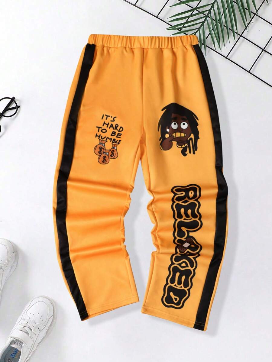 SHEIN 男童休闲宽松街头复古卡通字母印花拼色直筒裤 - 黃色 - 查看 1