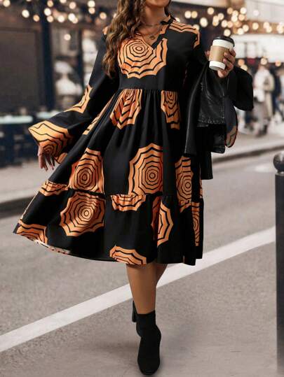 SHEIN LUNE فستان كاجوال فضفاض طويل بأكمام عريضة للنساء المقاس الكبير بياقة على شكل حرف "V"، مناسب لمناسبة عيد الهالوين