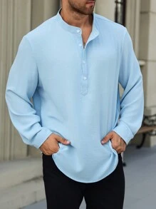 Manfinity Mode 男士加大码纯色前扣长袖休闲纯色衬衫，适合外出 - 藍色 - 查看 4