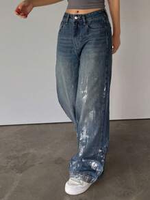 DAZY 女式阔腿银箔设计牛仔裤 - 中等水洗藍 - 查看 6