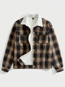 Manfinity VCAY Men's Plaid Print Pocket Front Button Loose Long Sleeve Jacket, For Fall Winter - Khaki - View 1