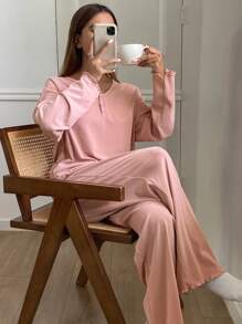 DAZY Minimalist Knit Half-Open Cardigan With Wavy Hem Loungewear Set - Pink - View 4