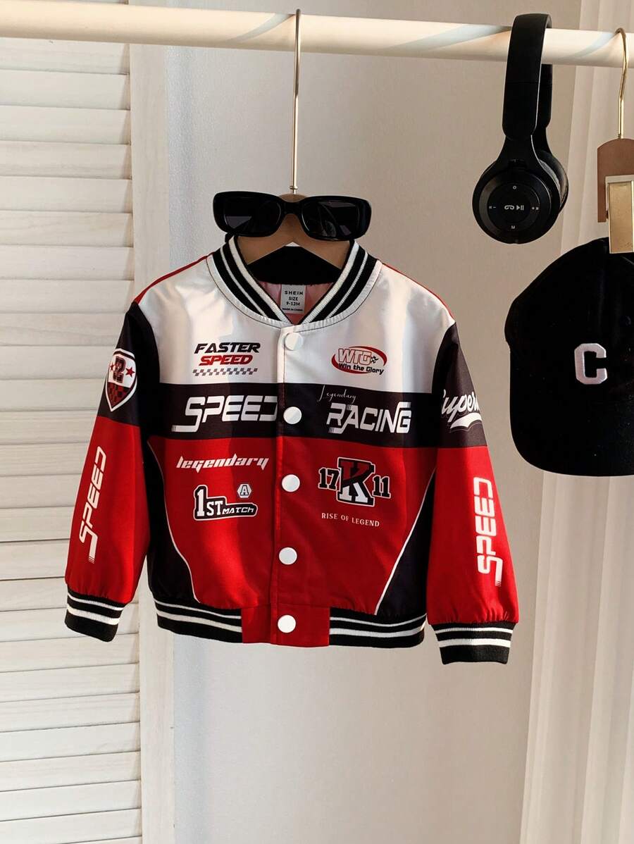 SHEIN 男婴拼色红黑运动休闲街头风格拉链摩托车夹克，适合春季、秋季、冬季、家居服和户外活动