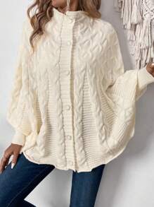 高领粗针织蝙蝠袖休闲宽松开衫毛衣 - 米色 - 查看 8