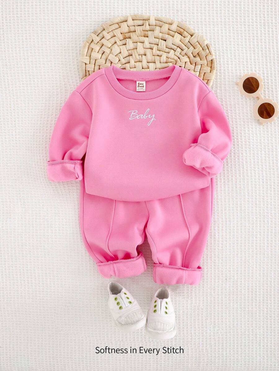 Cozy Pixies 2 件装女婴字母刺绣落肩运动衫和锥形裤套装，秋装 - 粉色 - 查看 1