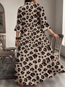 EMERY ROSE 大码休闲豹纹立领中袖优雅长裙，适合秋冬季
