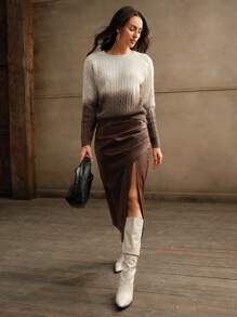 Anewsta Women's Casual Raglan Sleeve Contrast Color Crewneck Knitted Sweater, Autumn/Winter, Fall - Coffee Brown - View 5