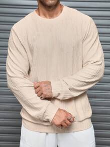 Manfinity Homme Men's Plain Long Sleeve Crew Neck Textured Pullover Sweatshirt, Fall/Winter - Apricot - View 3