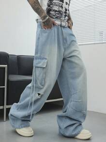 Manfinity EMRG 男士浅蓝色洗水牛仔宽松阔腿工装牛仔裤纯色长款破洞超大工装海军蓝工装牛仔裤，适合老公、男朋友的礼物 - 淺色水洗藍 - 查看 5