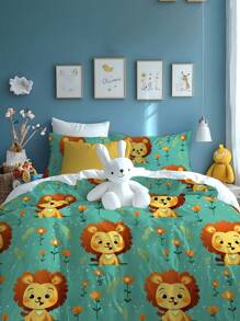 2/3 件可爱狮子图案印花水洗羽绒被套装，柔软舒适，适用于卧室、客房、儿童房、亲子房、酒店、学校宿舍、儿童床上用品套件（带枕套）