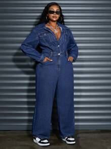 SHEIN SXY Plus Size Women's Fall Long Sleeve Pocketed Loose Wide Leg Casual Denim Jumpsuit