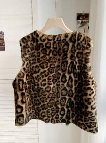Comfortcana Plus Size Vintage Leopard Print Fluffy Coat - Brown - View 2