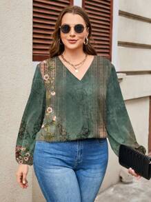 EMERY ROSE Vintage Pattern Loose Plus Size Women V-Neck Lantern Sleeve Long Blouse, Suitable For Autumn And Winter Autumn And Winter