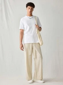 Manfinity VCAY 男式梭织休闲宽松纯色系带正装长裤 - 卡其色 - 查看 3