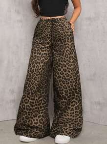 SHEIN PETITE Casual Street Leopard Print Loose Straight Wide Leg Trousers , Palazzo Pants Cheetah Pantscheetah Print Pantsleopard Pantsleopard Print Pants