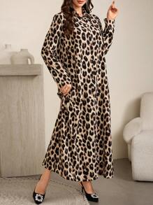 Al Najma رمضان فستان نسائي متوسط الطول بأكمام طويلة وتصميم مريح، مع طبعة نمر وأزرار - متعدد الألوان - مشاهدة 3